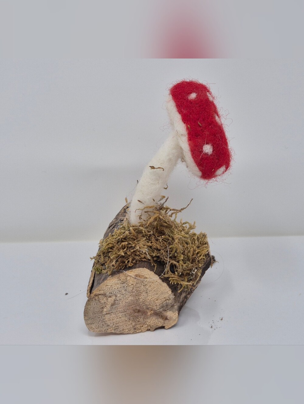 Felted Mushroom Decor On Wooden Base